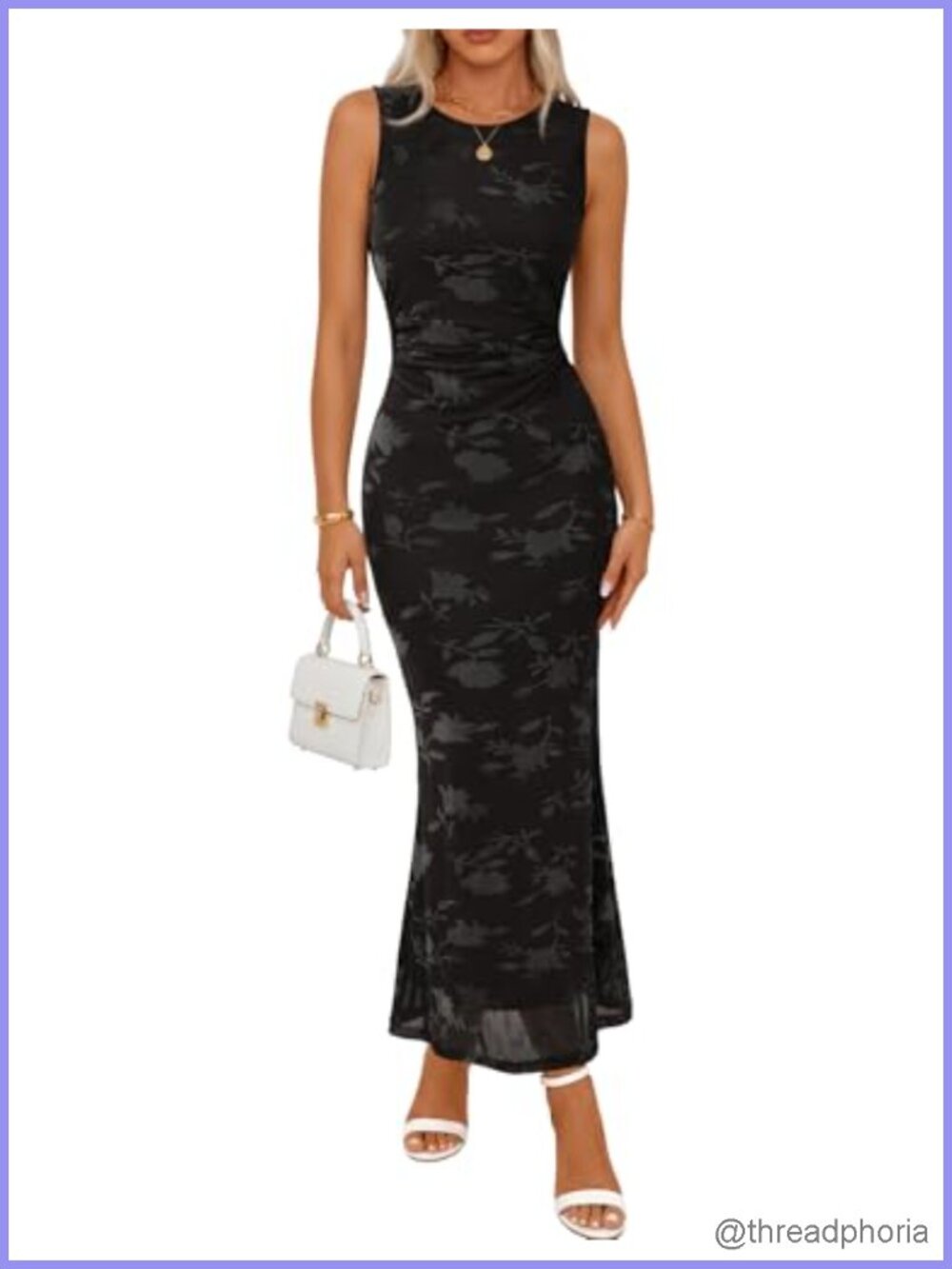 Sleeveless Bodycon Maxi Dress - Floral Velvet Mesh, Ruched, Ruffled Hem, Formal